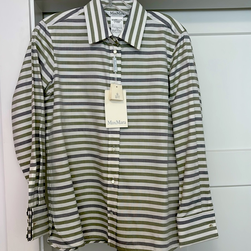 MaxMara Women’s Blue, Olive and White Striped Button-Up Shirt with French Cuffs.